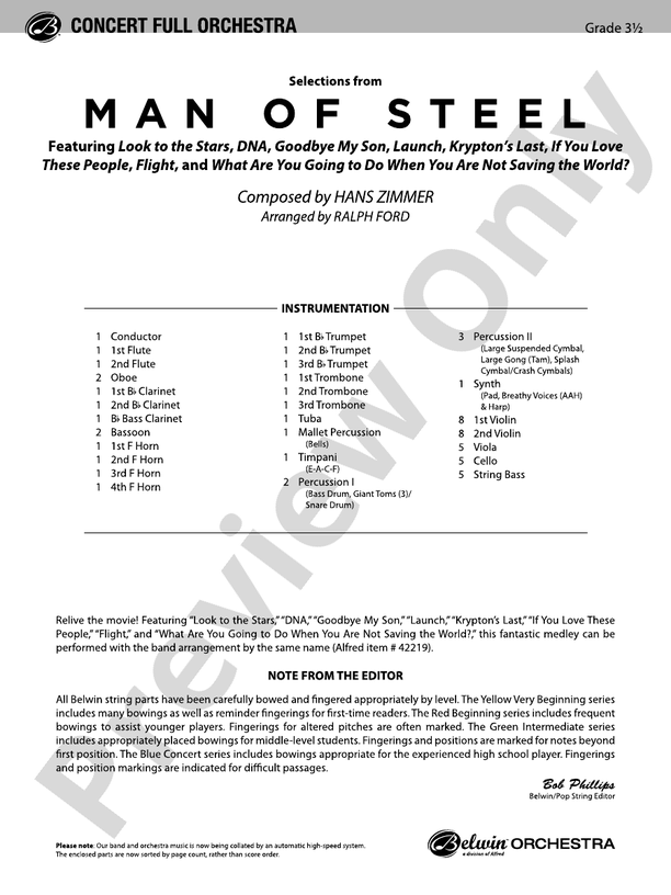 Man of Steel, Selections from – Full Orchestra Conductor Score & Parts (Digital Download)