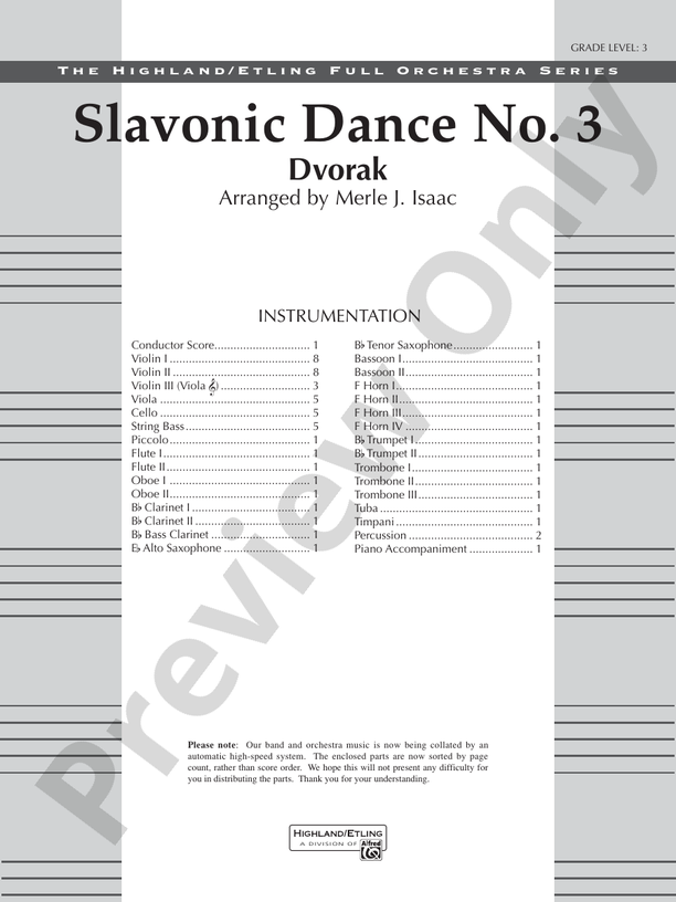Slavonic Dance No. 3 – Full Orchestra Conductor Score & Parts (Digital Download)