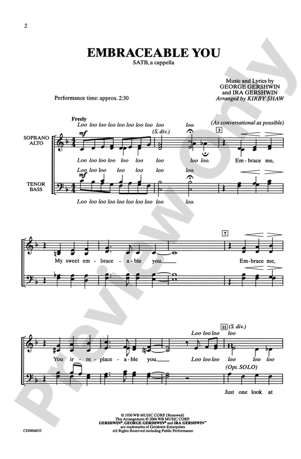 Embraceable You - Arr. Kirby Shaw – SATB, a cappella Choral Octavo (Digital Download)