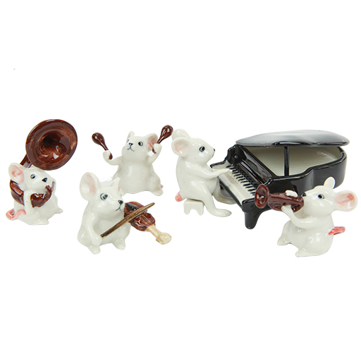 Porcelaine Mouse Musicians Tuba, Piano, Trumpet, Violin and Maracas