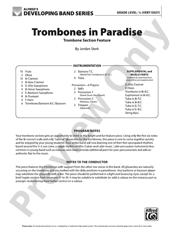 Trombones in Paradise - Concert Band Conductor Score & Parts (Digital Download)