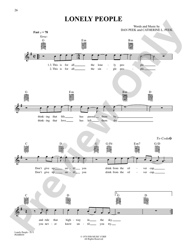 Lonely People - Interm./Easy Guitar TAB (Digital Download)