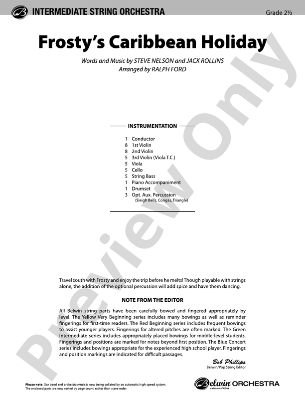 Frosty's Caribbean Holiday – String Orchestra Conductor Score & Parts (Digital Download)