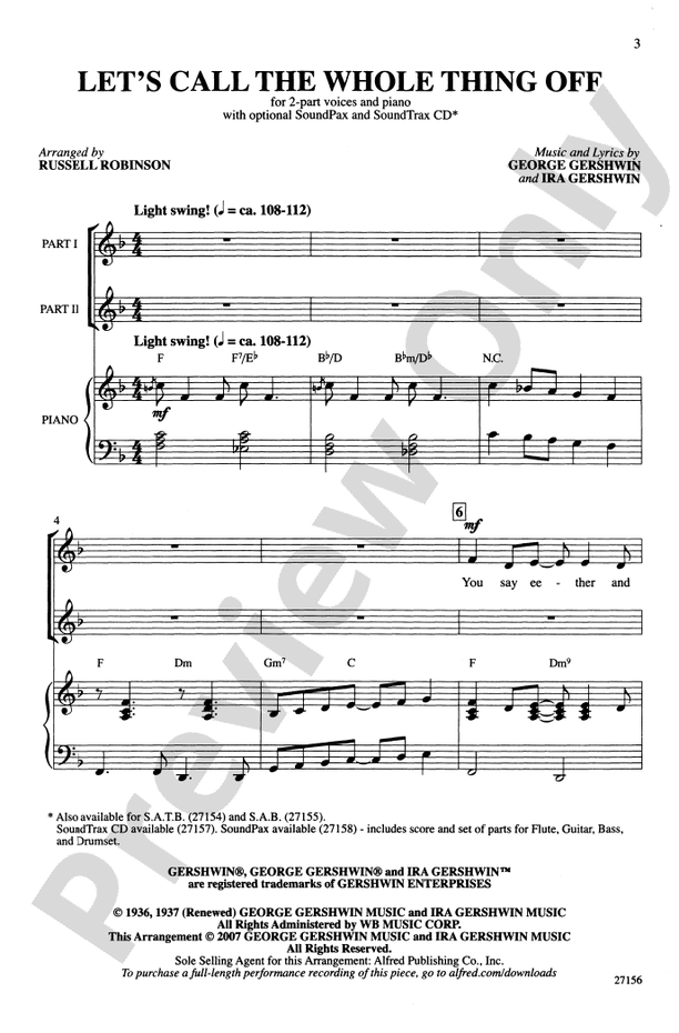 Let's Call the Whole Thing Off – 2-Part Choral Octavo (Digital Download)