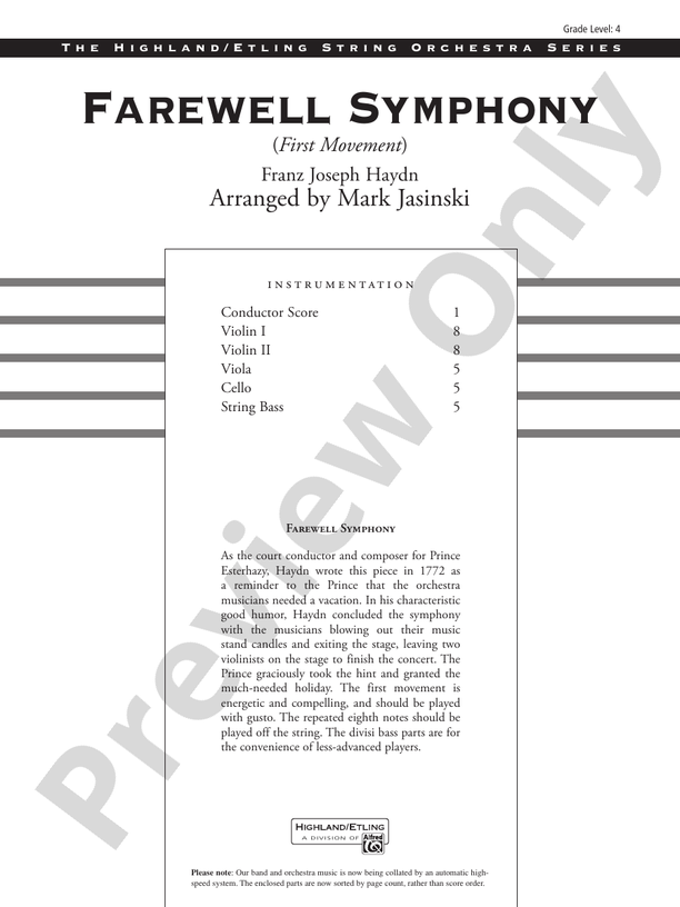 Farewell Symphony, 1st Movement – String Orchestra Conductor Score & Parts (Digital Download)