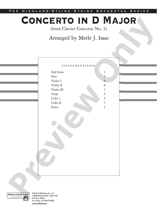 Concerto in D Major (from Clavier Concerto No. 3) – String Orchestra Conductor Score & Parts (Digital Download)