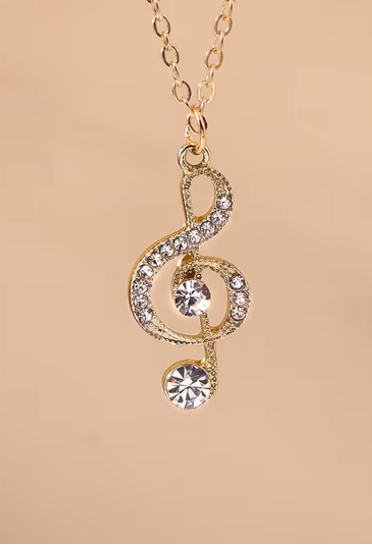 Gold Treble Clef Pendant with Clear Diamontes and Gold Chain