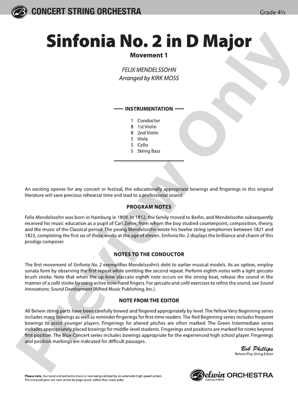 Sinfonia No. 2 in D Major – String Orchestra Conductor Score & Parts (Digital Download)