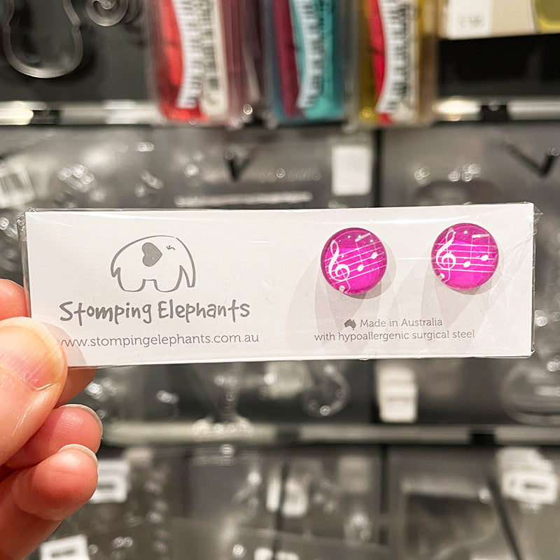 Stomping Elephants Music Stud Earrings Pink with White Treble Clef and Manuscript