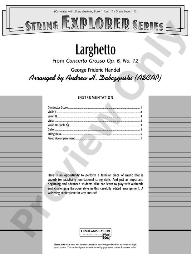 Larghetto (from Concerto Grosso Op. 6, No. 12) – String Orchestra Conductor Score & Parts (Digital Download)