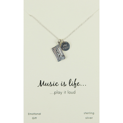 Necklace and Music Cassette Pendant Sterling Silver 'Play it Loud' 40cm Chain