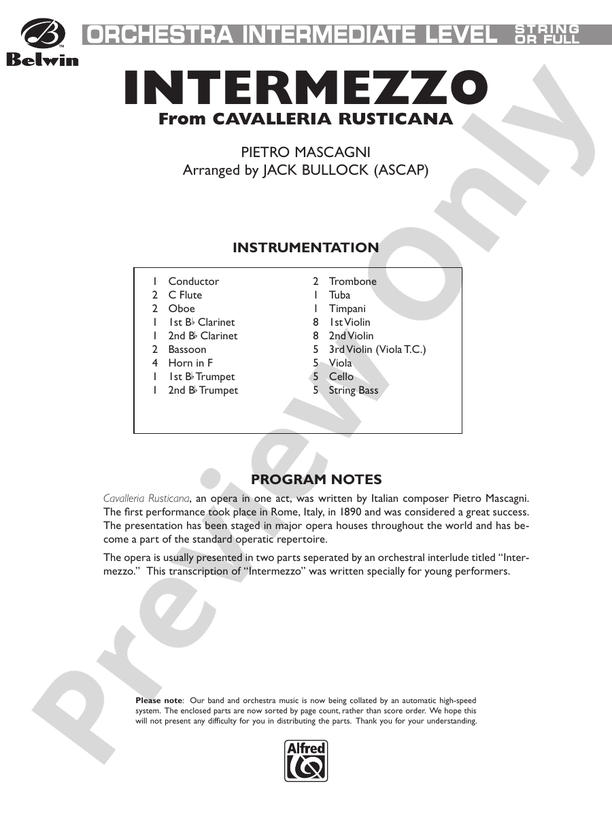 Intermezzo (from Cavalleria Rusticana) – Full Orchestra Conductor Score & Parts (Digital Download)
