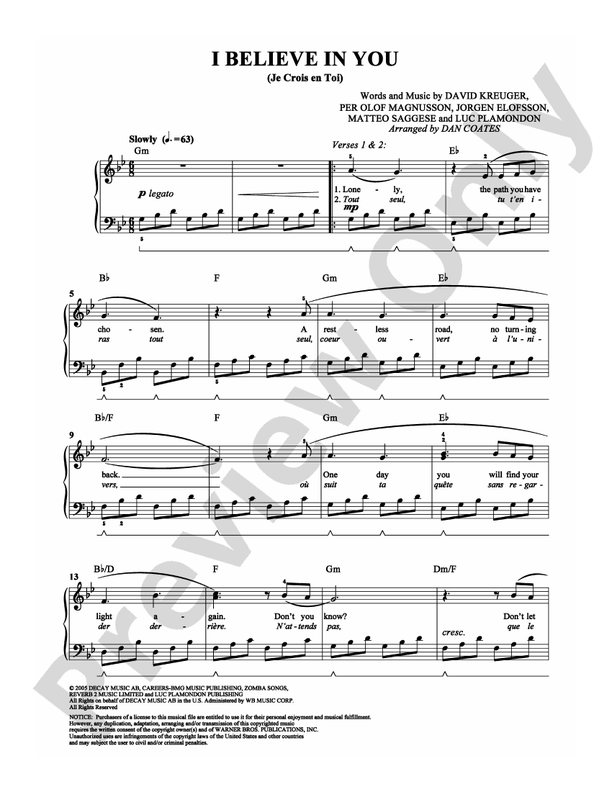 I Believe in You (Je Crois en Toi) - Arr. Dan Coates - Easy Piano (Digital Download)