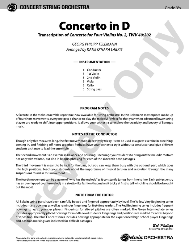 Concerto in D (Grade 3.5) – String Orchestra Conductor Score & Parts (Digital Download)
