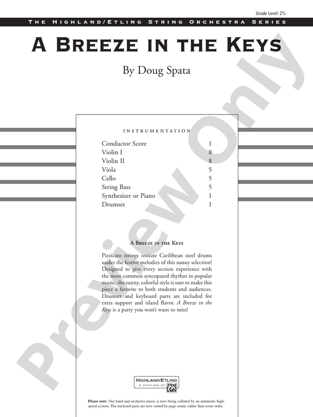 A Breeze in the Keys – String Orchestra Conductor Score & Parts (Digital Download)