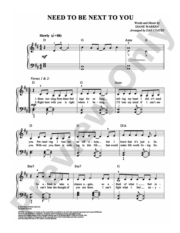 Need to Be Next to You - Arr. Dan Coates - Easy Piano (Digital Download)