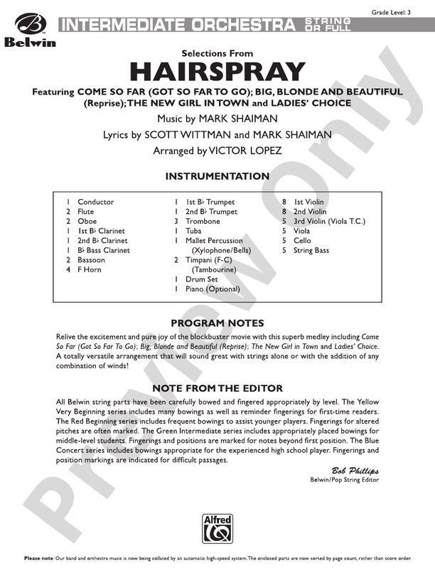 Hairspray, Selections from – Full Orchestra Conductor Score & Parts (Digital Download)