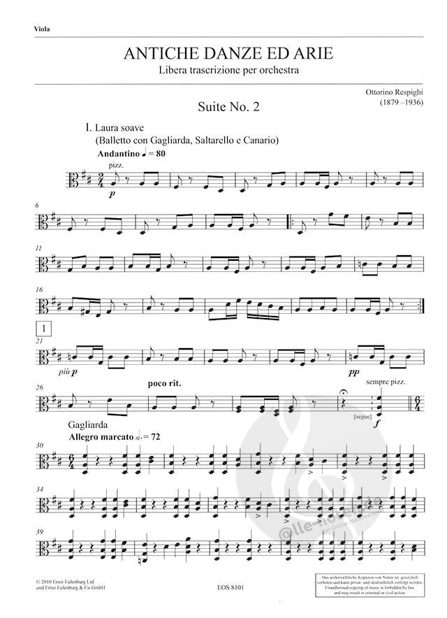 ANCIENT AIRS AND DANCES SUITE NO 2 - VIOLA PART - RESPIGHI - ORCHESTRA - EULENBURG