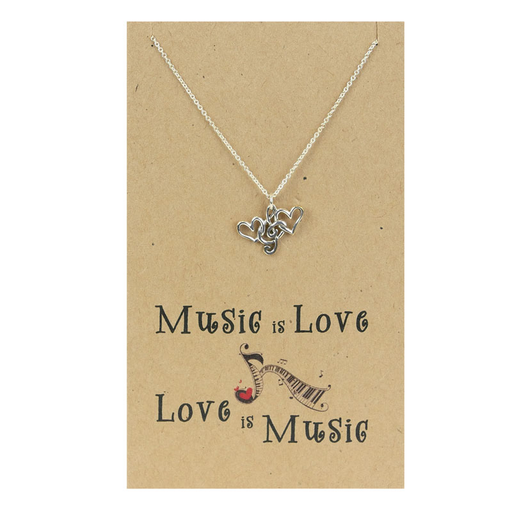 Necklace and Music Pendant with Two Hearts Entwined in a Treble Clef 40cm Chain 'Music is Love, Love is Music'