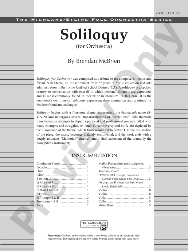 Soliloquy for Orchestra – Full Orchestra Conductor Score & Parts (Digital Download)