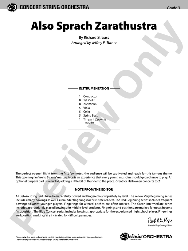 Also Sprach Zarathustra - String Orchestra Conductor Score & Parts (Digital Download)