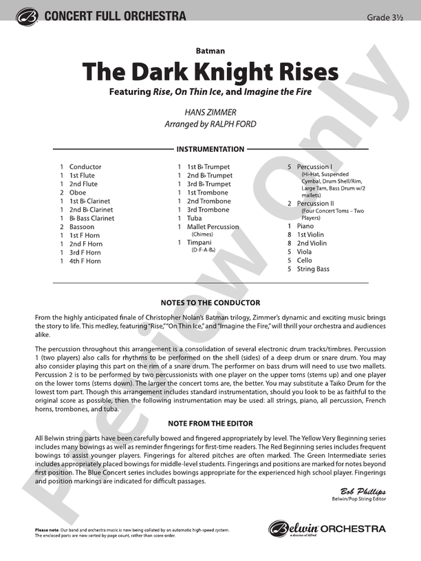 Batman: The Dark Knight Rises – Full Orchestra Conductor Score & Parts (Digital Download)