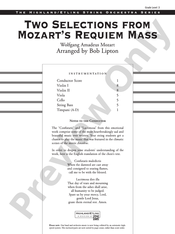 Two Selections from Mozart's Requiem Mass – String Orchestra Conductor Score & Parts (Digital Download)