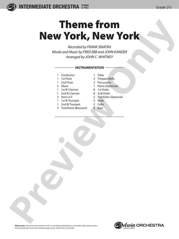 New York, New York, Theme from – Ful Orchestra Conductor Score & Parts (Digital Download)