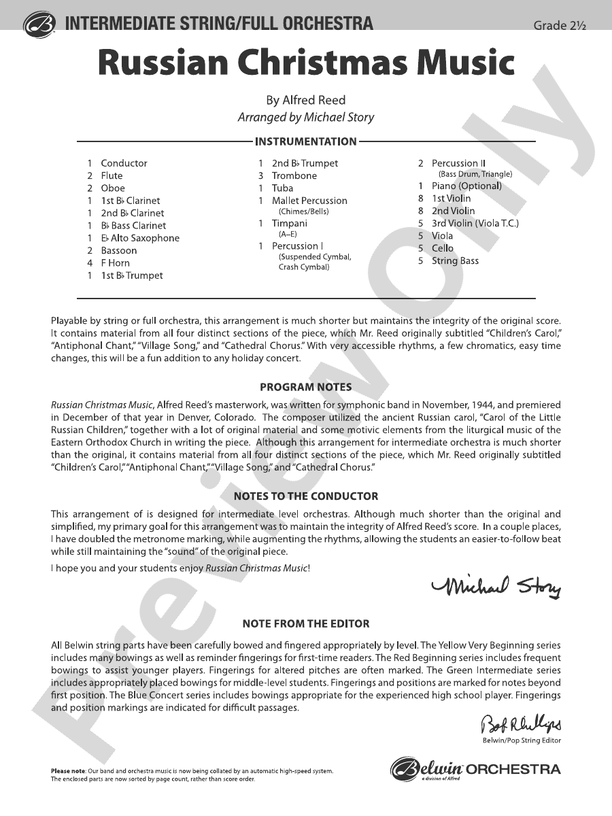 Russian Christmas Music (Grade 2.5) – Full Orchestra Conductor Score & Parts (Digital Download)