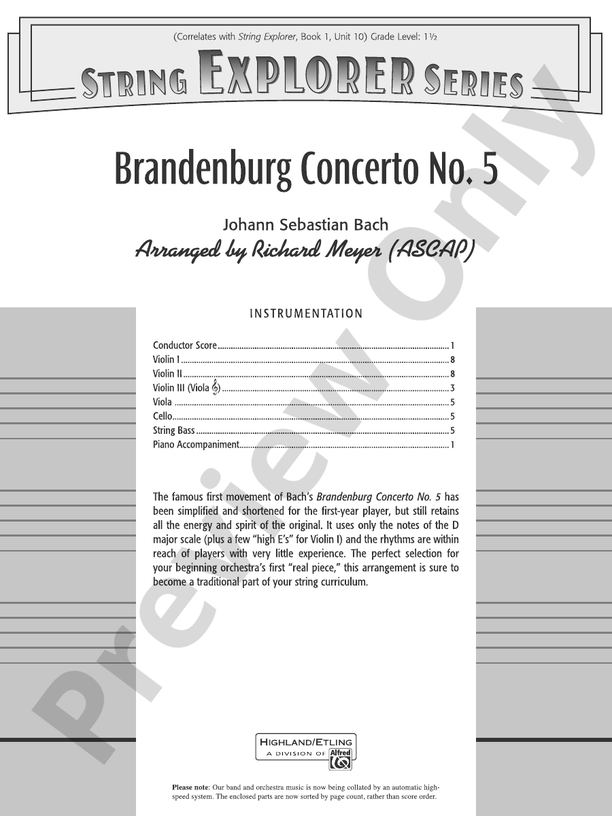 Brandenburg Concerto No. 5 (Grade 1.5) - String Orchestra Conductor Score & Parts (Digital Download)