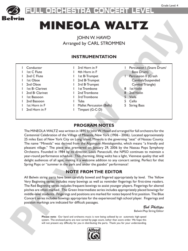 Mineola Waltz – Full Orchestra Conductor Score & Parts (Digital Download)