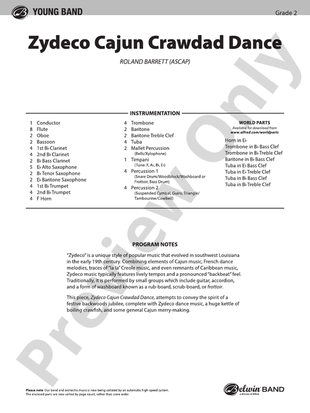 Zydeco Cajun Crawdad Dance - Concert Band Conductor Score & Parts (Digital Download)