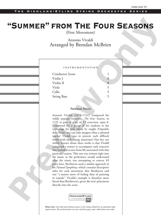 "Summer" from The Four Seasons – String Orchestra Conductor Score & Parts (Digital Download)