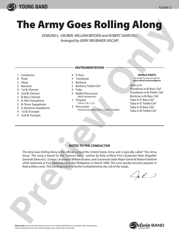 The Army Goes Rolling Along - Concert Band Conductor Score & Parts (Digital Download)