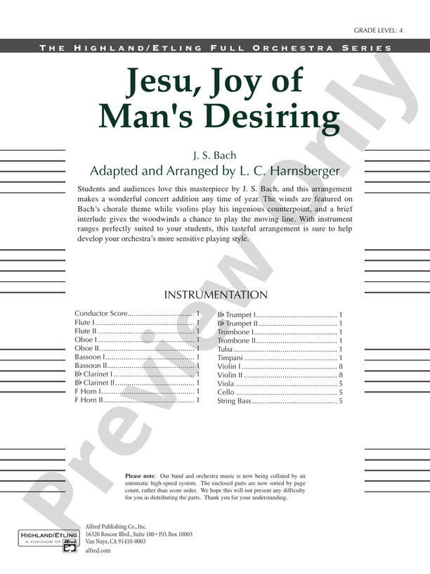 Jesu, Joy of Man's Desiring – Full Orchestra Conductor Score & Parts (Digital Download)
