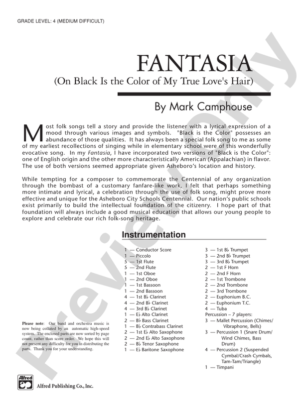 Fantasia (on "Black Is the Color of My True Love's Hair") - Concert Band Conductor Score & Parts (Digital Download)