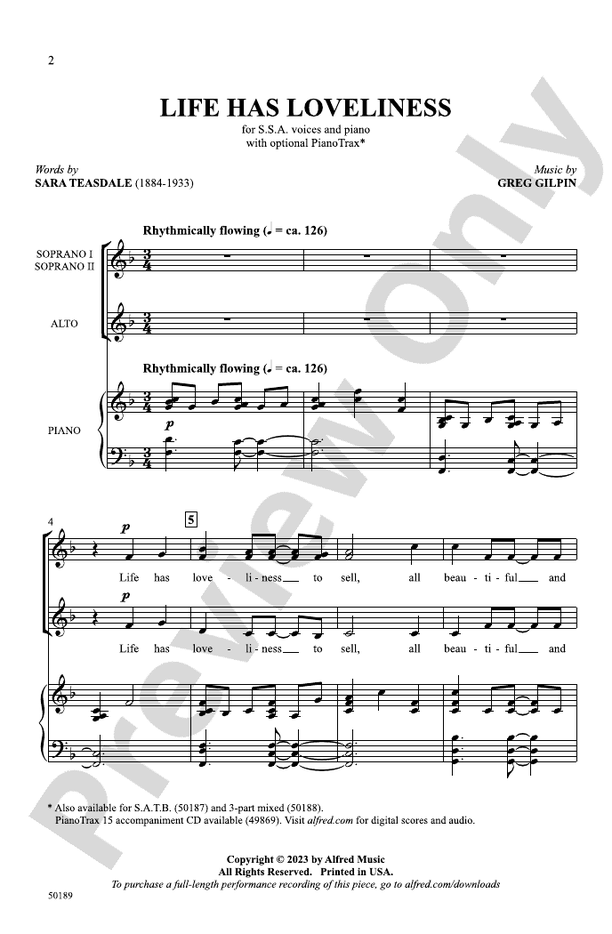 Life Has Loveliness - SSA (with Opt. Cello) Choral Octavo (Digital Download)