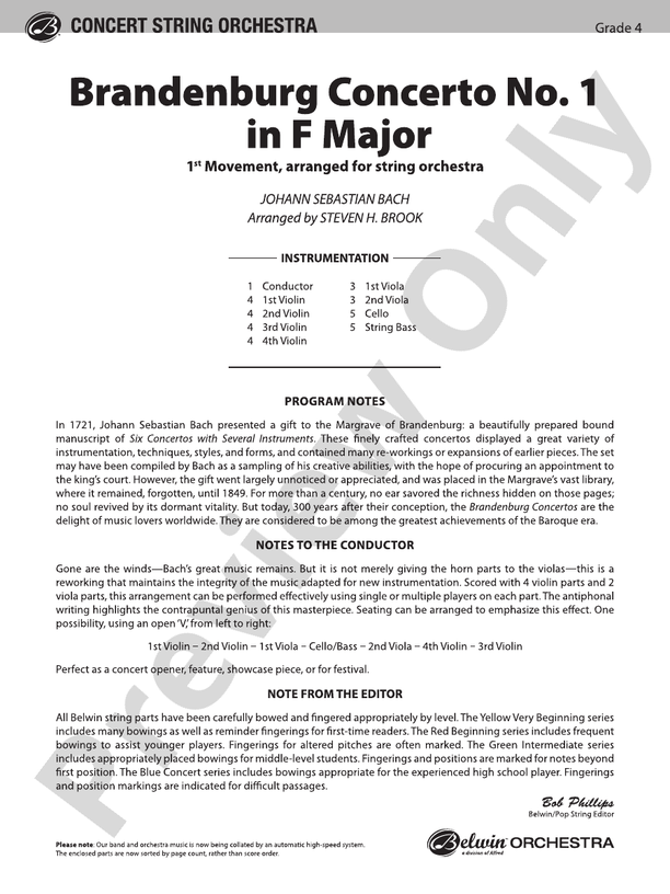 Brandenburg Concerto No. 1 in F Major – String Orchestra Conductor Score & Parts (Digital Download)