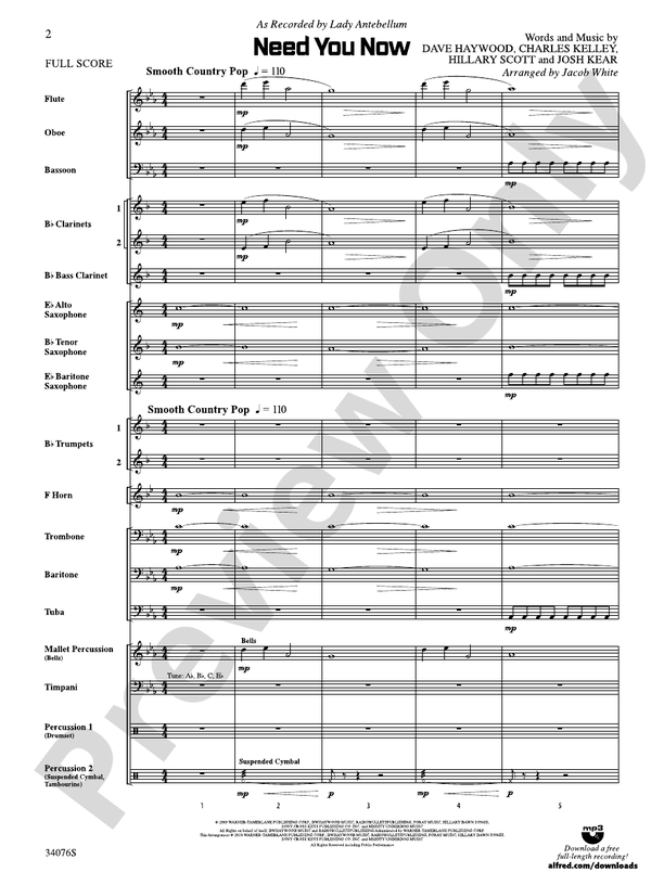 Need You Now - Concert Band Conductor Score & Parts (Digital Download)