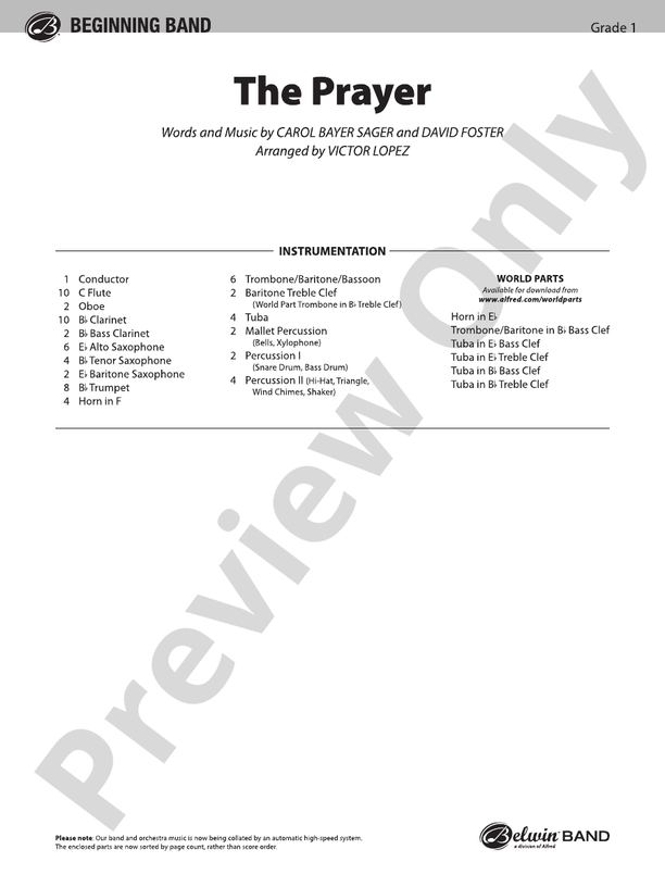 The Prayer - Concert Band Conductor Score & Parts (Digital Download)