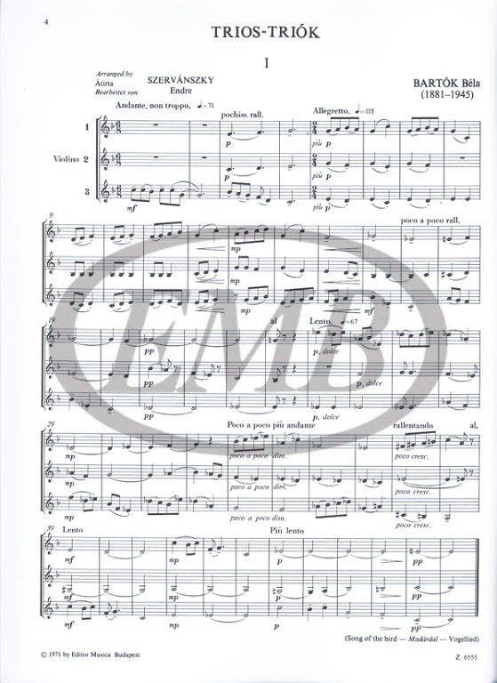 Bartok - Trio from 3-Part Choral Works - Violin Trio arranged by Szervansky EMB Z6555