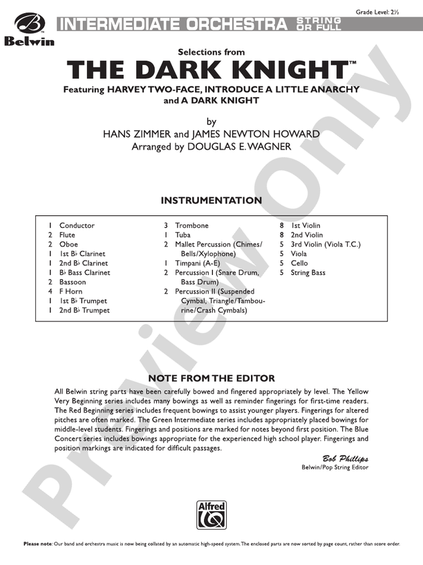 The Dark Knight, Selections from – Full Orchestra Conductor Score & Parts (Digital Download)