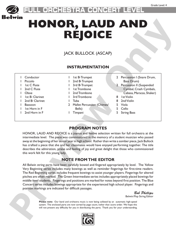Honor, Laud and Rejoice – Full Orchestra Conductor Score & Parts (Digital Download)