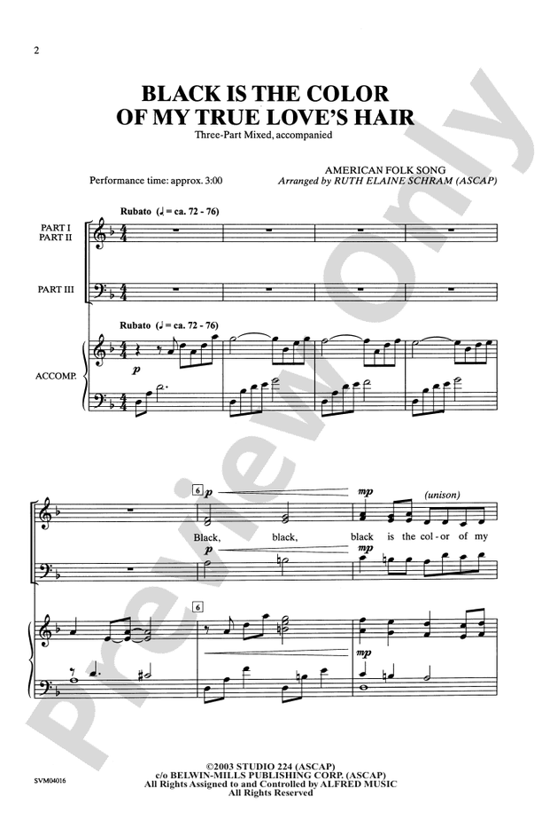 Black Is the Color of My True Love's Hair - 3-Part Mixed Choral Octavo (Digital Download)