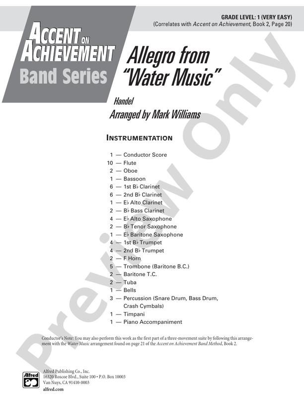 Allegro from Water Music - Concert Band Conductor Score & Parts (Digital Download)