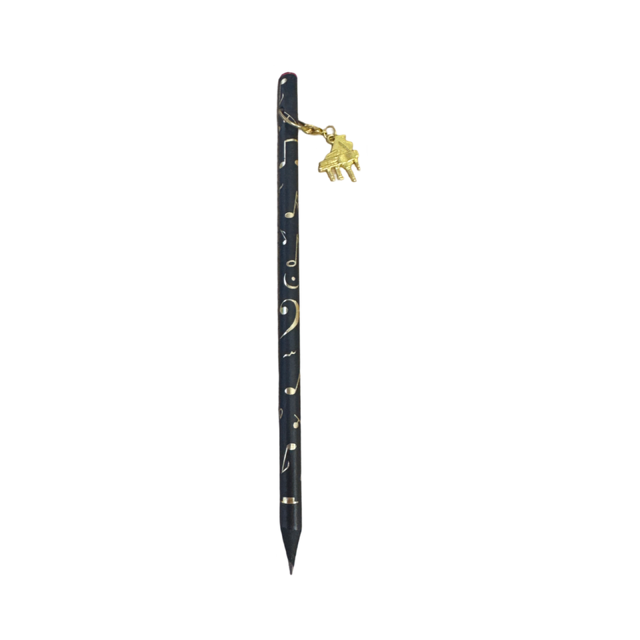 Black Pencil with Gold Embossed Notes and Clefs and a Gold Grand Piano Charm