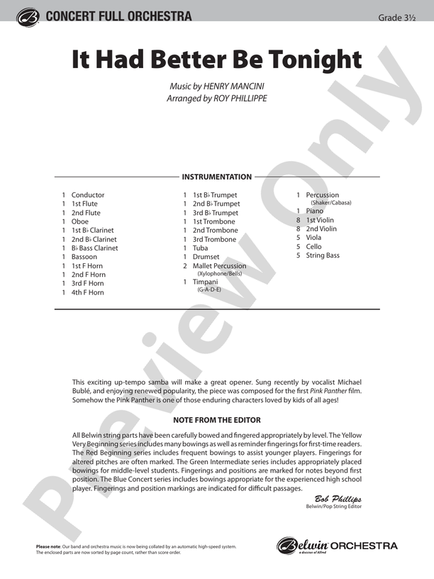 It Had Better Be Tonight (from The Pink Panther) - Full Orchestra Conductor Score & Parts (Digital Download)