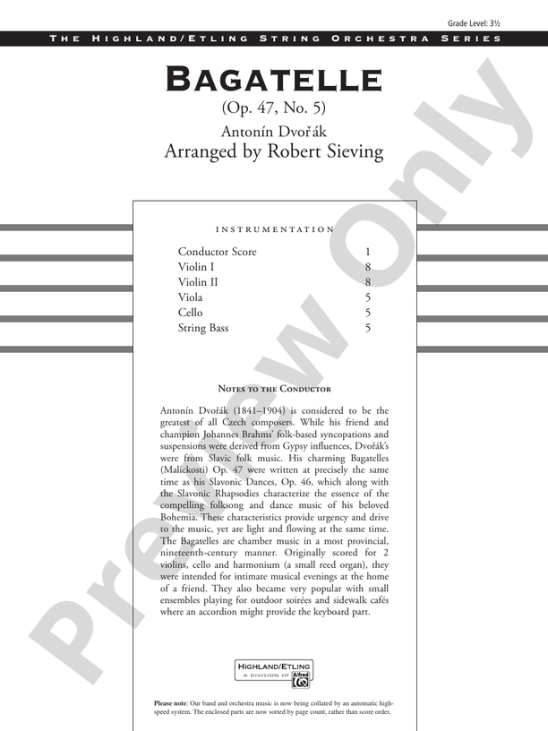 Bagatelle (from Op. 47, No. 5) – String Orchestra Conductor Score & Parts (Digital Download)