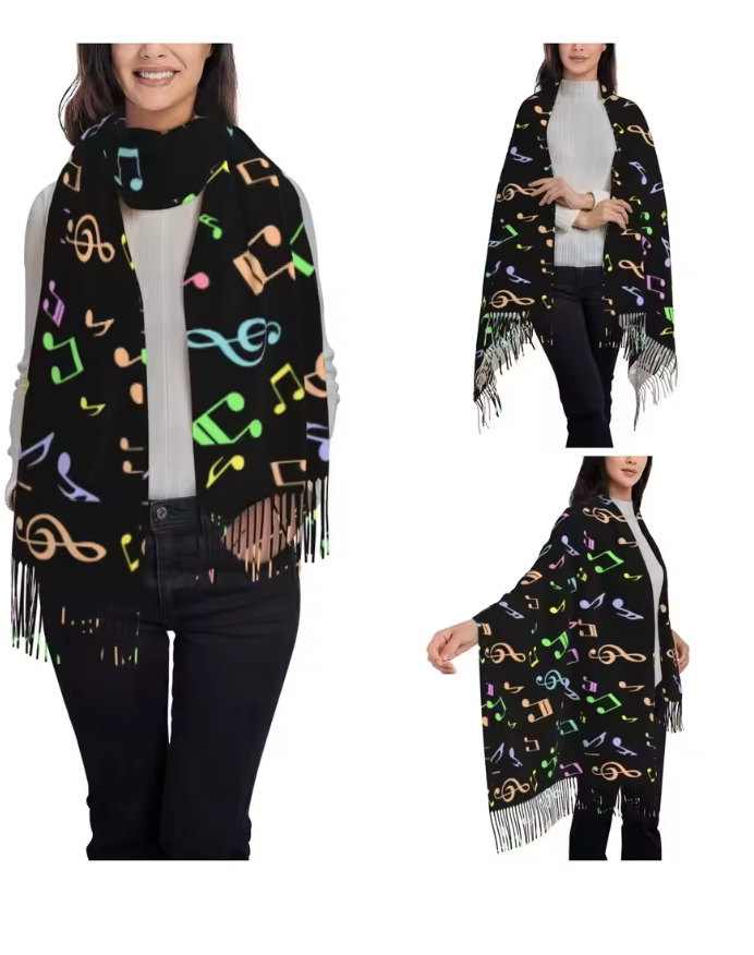 Scarf/Shawl Black with Colourful Notes and Clefs