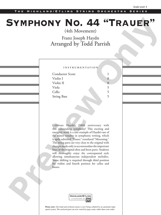 Symphony No. 44 "Trauer" (4th Movement) – String Orchestra Conductor Score & Parts (Digital Download)